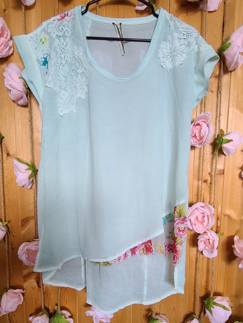 Light Blue Floral Trim Lace Shoulder Women's Top